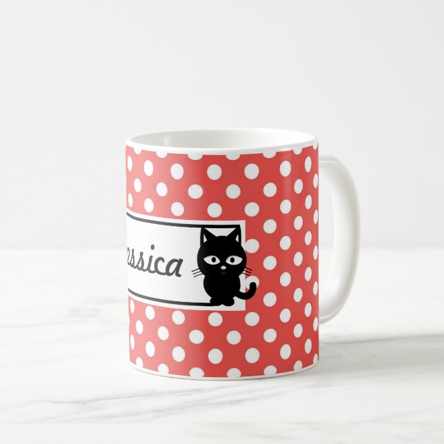 Red Polka Dot and Black Cat Personlig Kaffemugg (Framsida höger)