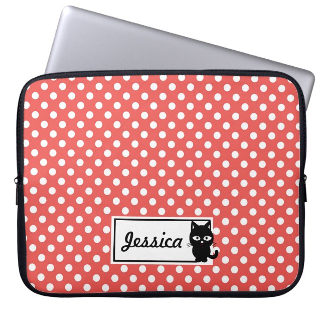 Red Polka Dot and Black Cat Personlig Laptop Fodral (Framsidan)