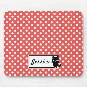 Red Polka Dot and Black Cat Personlig Musmatta