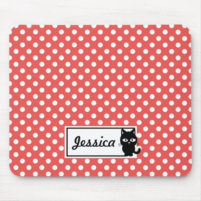 Red Polka Dot and Black Cat Personlig Musmatta (Framsidan)