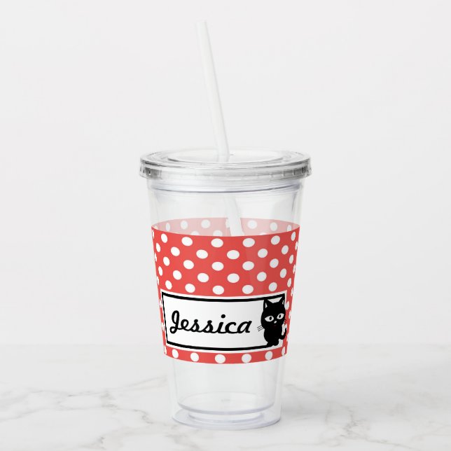 Red Polka Dot and Black Cat Personlig Take Away Mugg (Vänster)