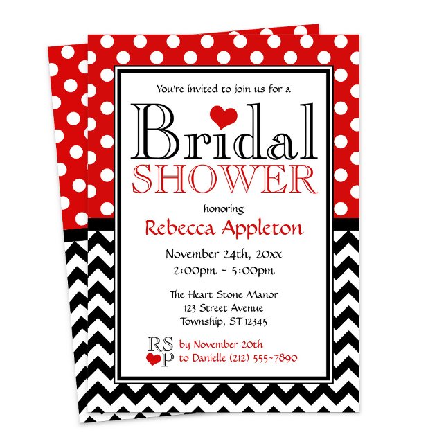 Red Polka Dot Chevron Inbjudningskort för möhippa (Red Polka Dot Chevron Bridal Shower Invitations from Starzraven. Downloadable evite available.)