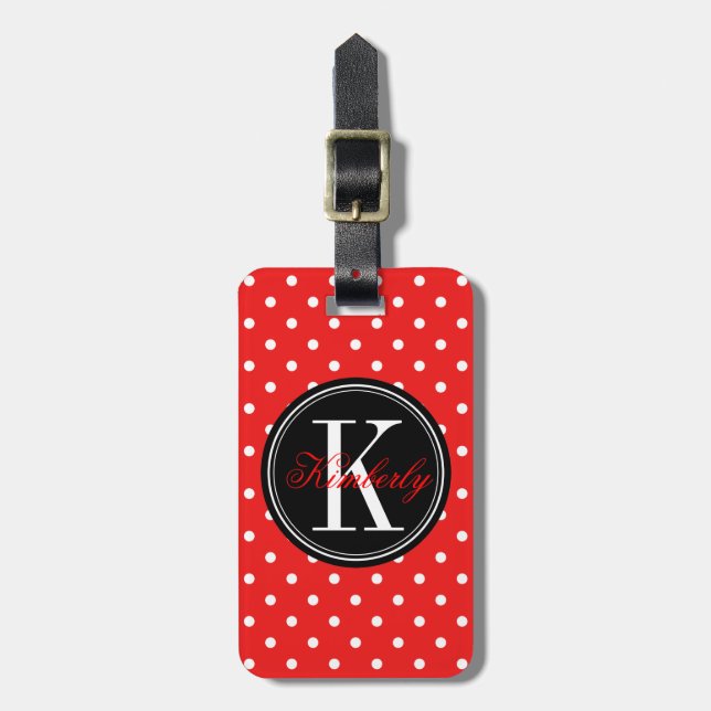 Red Polka Dot med svart monogram Bagagebricka (Vertikal Framsida)