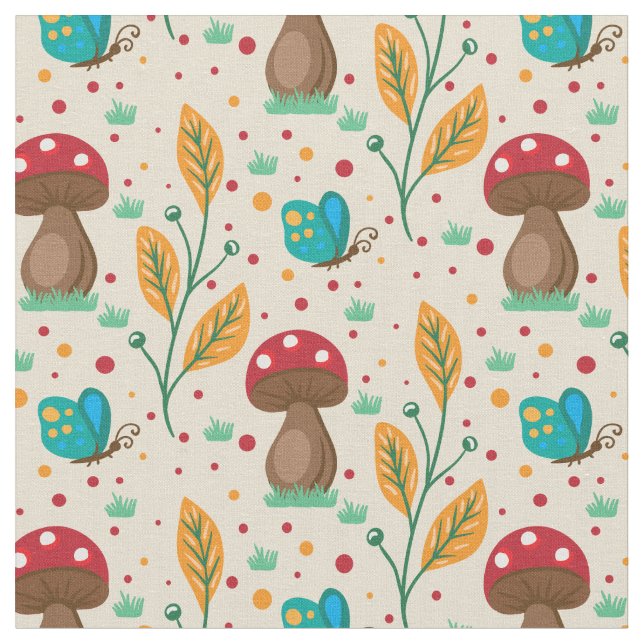 Red Polka Dot Mushroom & Butterflies Mönster Tyg (Närbild)