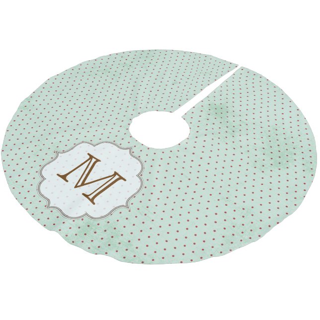 Red Polka Dot på Blue Monogram Initial Träd Skirt Julgransmatta Borstad Polyester (Vinklad)