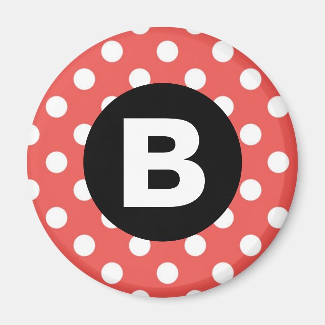 Red Polka Dot Pattern Black Monogram Magnet (Framsidan)