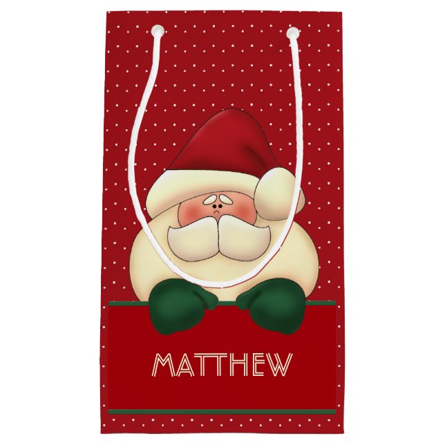 Red Polka Dot Santa med Grönt Mittens och Namn (Framsidan)
