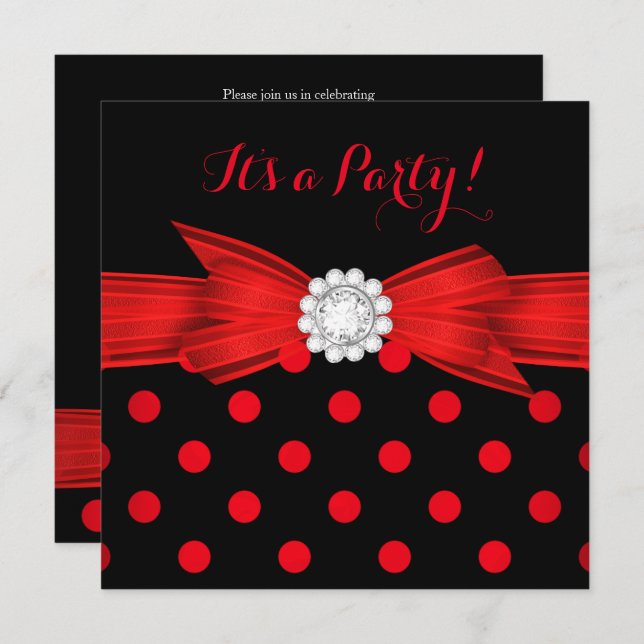 Red Polka dots Diamond Bow Black Party Inbjudningar (Fram/baksida)