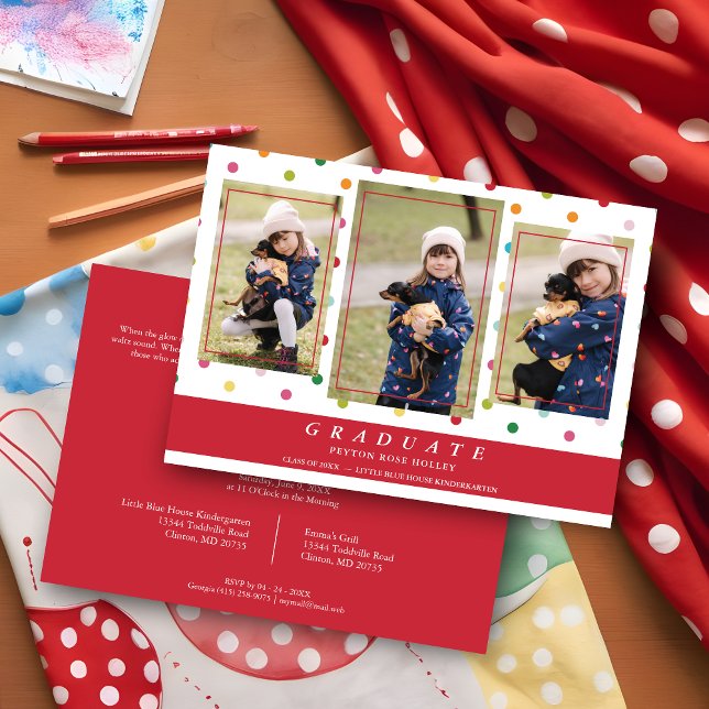 Red Polka dots fantio Student 3 Photos Collage Inbjudningar (Red Polka Dots Funny Graduate 3 Photos Collage Invitation Card.)