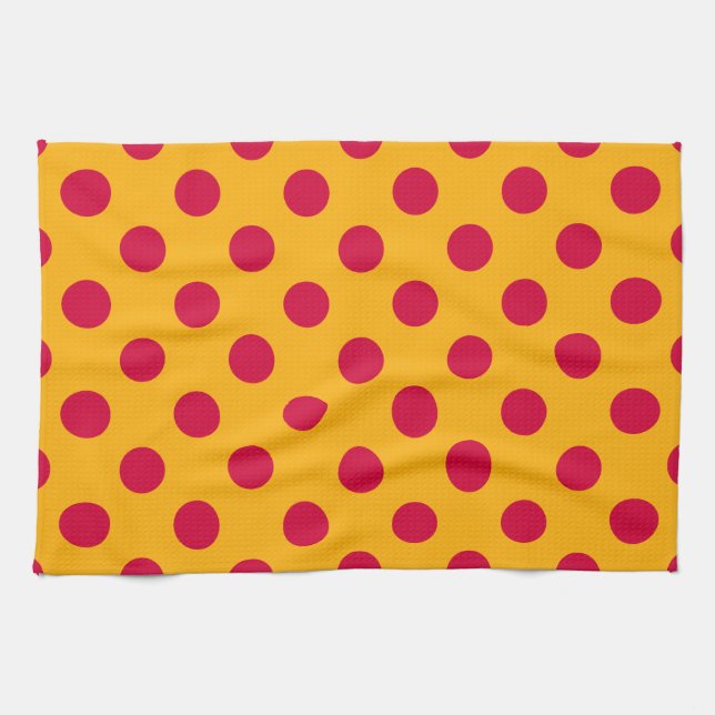 Red polka dots på gult kökshandduk (Horisontell)