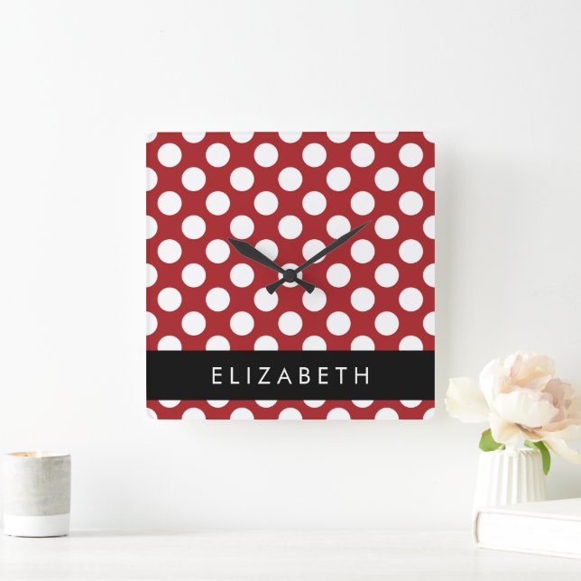 Red Polka dots, Polka Dot Mönster, ditt namn Fyrkantig Klocka (Hem)