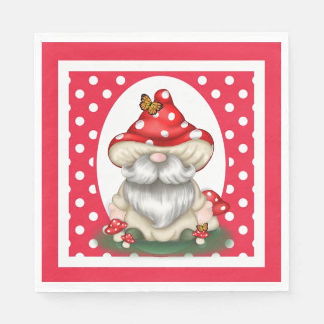 Red Polka Dovattens Mushroom Gnome Pappersservett (Framsidan)