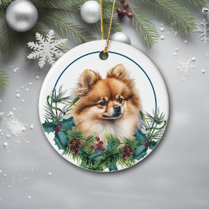 Red Pomeranian Hund Evergreen Berry Wandeandan Julgransprydnad Keramik