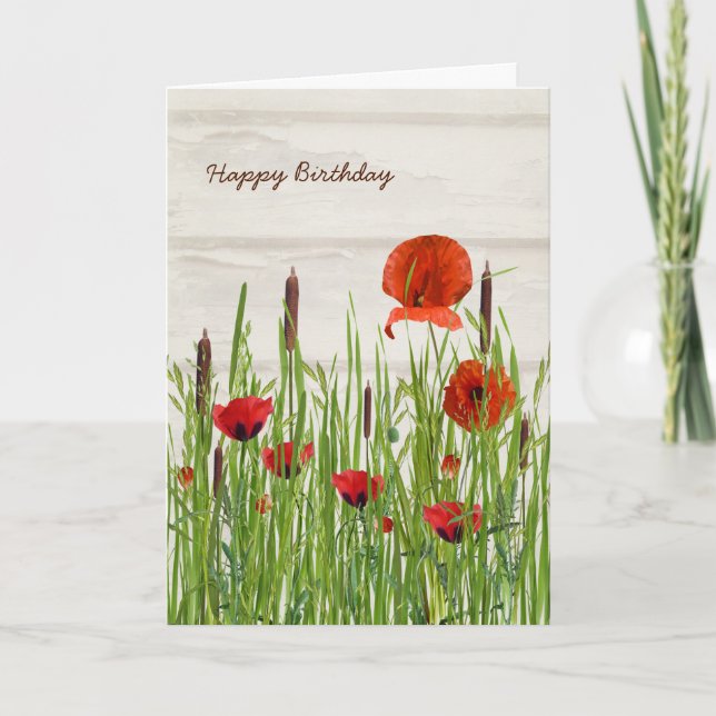 Red Poppies and Cattails Birthday Kort (Framsida)