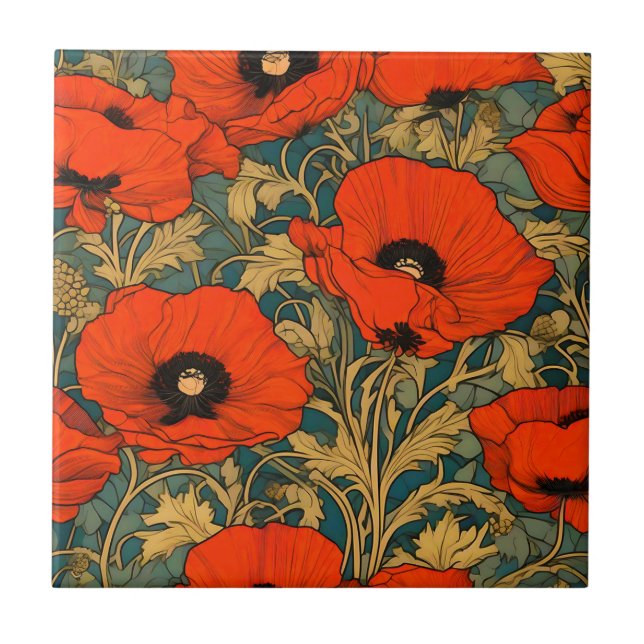 Red Poppies Art nouveau Mönster Kakelplatta (Framsidan)