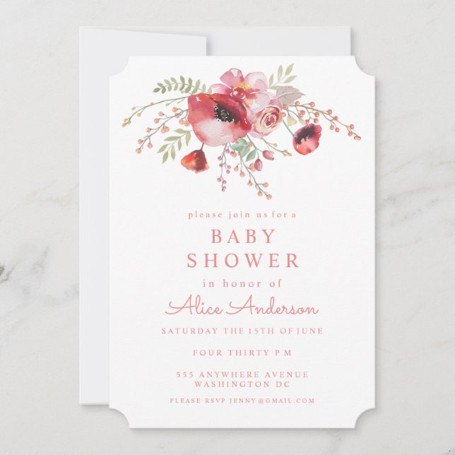 Red Poppies Baby Shower Inbjudan i Blommigt med va (Framsida)