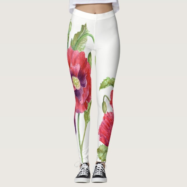 Red Poppies Blommigt Art Leggings (Framsida)