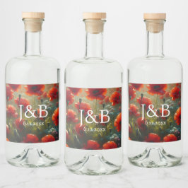 Red Poppies Blommigt Bröllop Personlig Spritflaskor Etikett