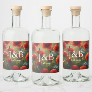Red Poppies Blommigt Bröllop Personlig Spritflaskor Etikett