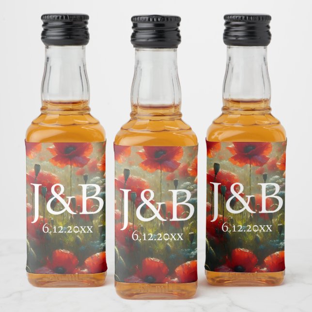 Red Poppies Blommigt Bröllop Personlig Spritflaskor Etikett (Flaskor)