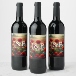 Red Poppies Blommigt Bröllop Personlig Vinflaska Etikett