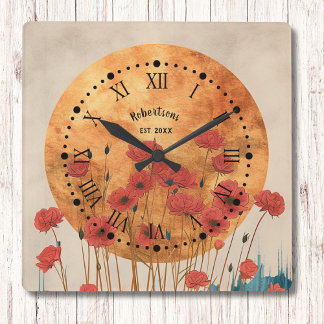 Red Poppies Blommigt Rustic Monogram Wall Clock Fyrkantig Klocka