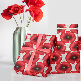 Red Poppies Blommönster White Marble Gift Wrap Presentpapper