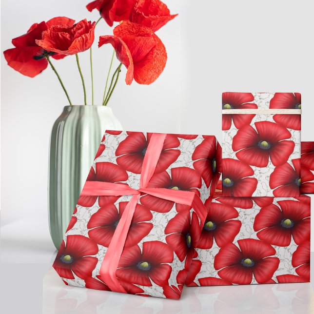 Red Poppies Blommönster White Marble Gift Wrap Presentpapper (A pretty poppy pattern wrapping paper just for you)