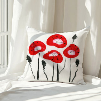 Red Poppies Boho Modern Blommönster Kudde
