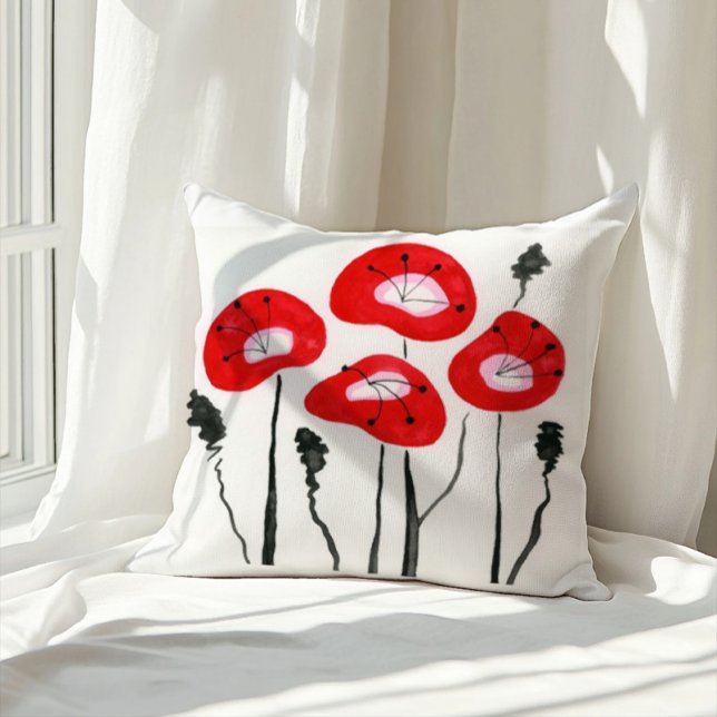 Red Poppies Boho Modern Blommönster Kudde (Skapare uppladdad)