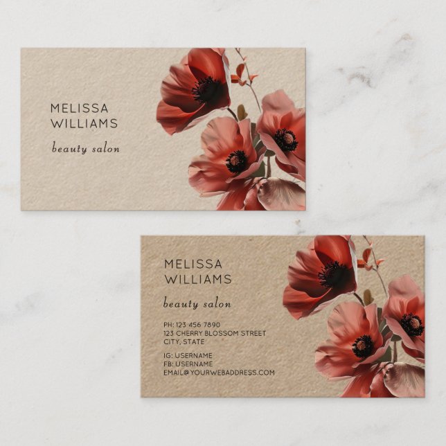 Red Poppies Flowers Kraft Paper Visitkort (Fram/baksida)