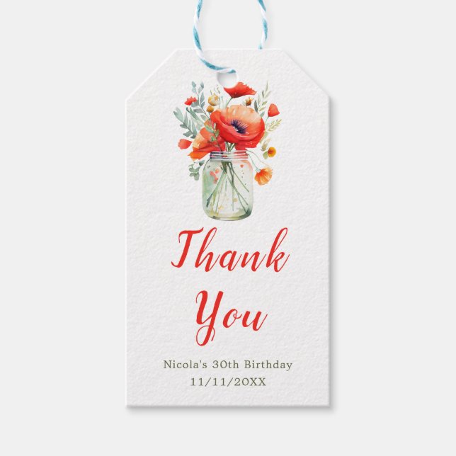Red Poppies Mason Burk Birthday Presentetikett (Framsidan)