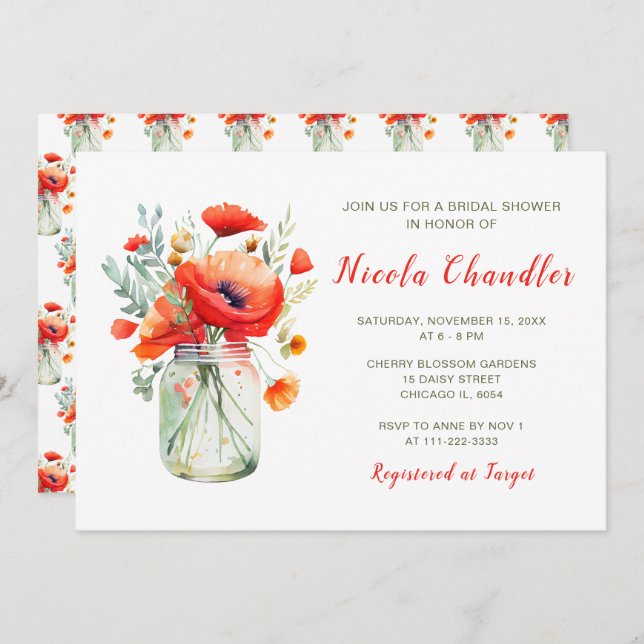 Red Poppies Mason Burk Möhippa Inbjudningar (Fram/baksida)