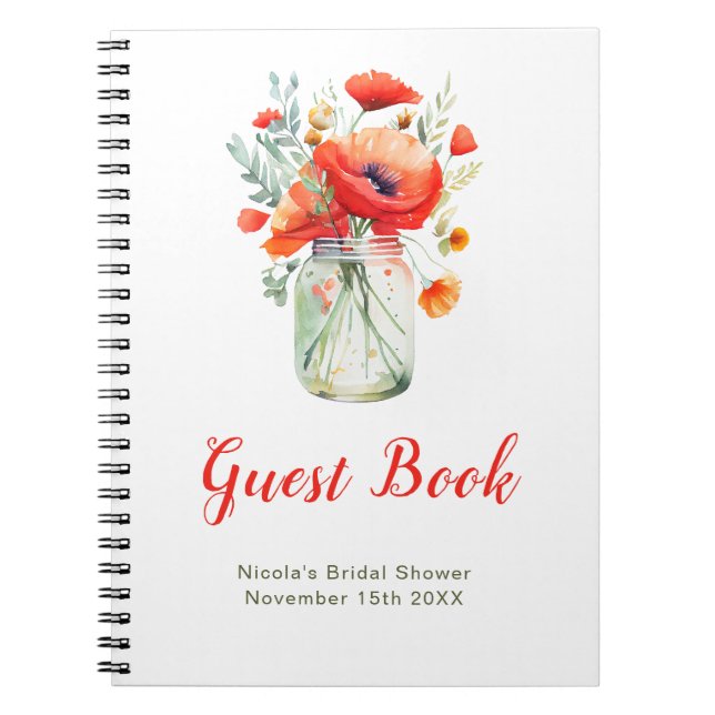 Red Poppies Mason Jar Bridal Shower Guest Book Anteckningsbok (Framsidan)