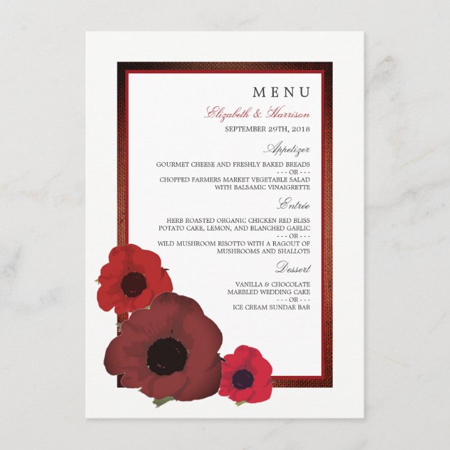 Red Poppies och Burlap Bröllop Menu Meny (Framsida)