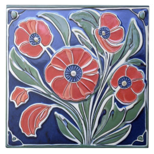 Red Poppies Poppy Flower Art Deco Nouveau Folk Art Kakelplatta