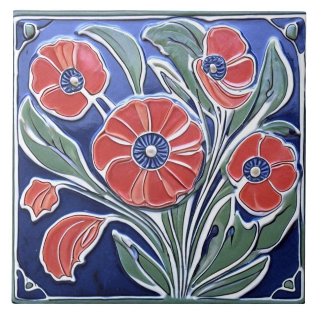 Red Poppies Poppy Flower Art Deco Nouveau Folk Art Kakelplatta (Framsidan)