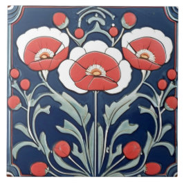 Red Poppies Poppy Flower Art nouveau Deco Folk Art Kakelplatta