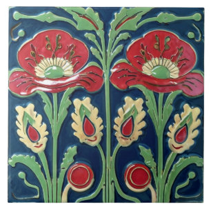 Red Poppies Poppy Flower European Folk Art Kakelplatta