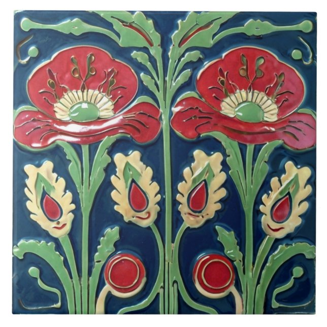 Red Poppies Poppy Flower European Folk Art Kakelplatta (Framsidan)