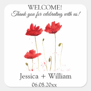 Red Poppies Poppy Flowers Rustic Modern Bröllop Fyrkantigt Klistermärke