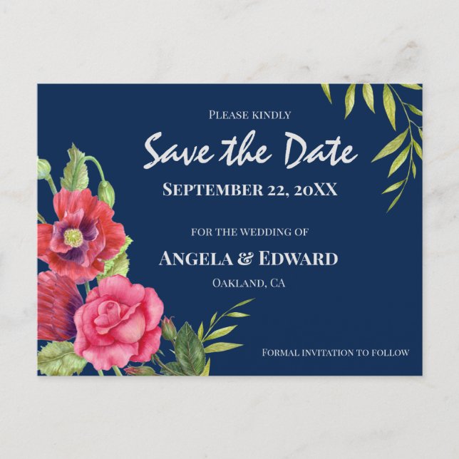 Red Poppies Rosa ros Bröllop spara datum Meddelande Vykort (Framsida)