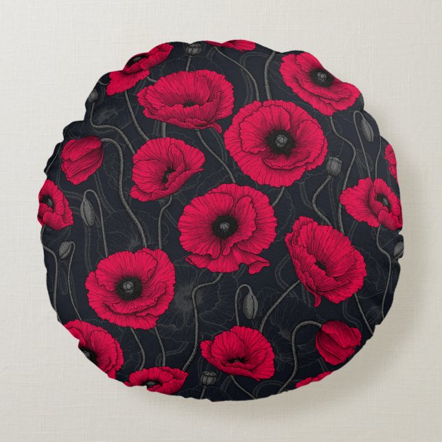 Red Poppies Rund Kudde (Framsidan)