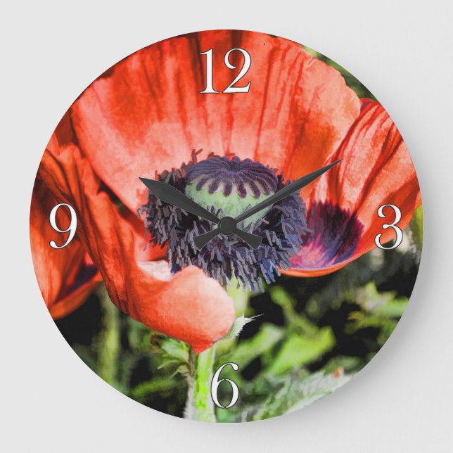 Red Poppies & Stamen Flowers Flora Photo Clock Stor Klocka (Framsida)