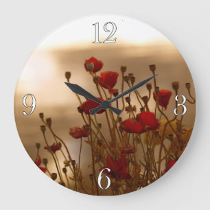 Red Poppies & Sunlight Flowers Flora Photo Clock Stor Klocka