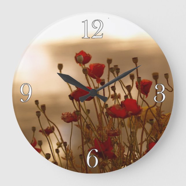 Red Poppies & Sunlight Flowers Flora Photo Clock Stor Klocka (Framsida)
