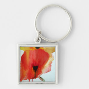 Red Poppies vattenfärgsmodern blommigt art Fyrkantig Silverfärgad Nyckelring