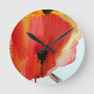 Red Poppies vattenfärgsmodern blommigt art Rund Klocka