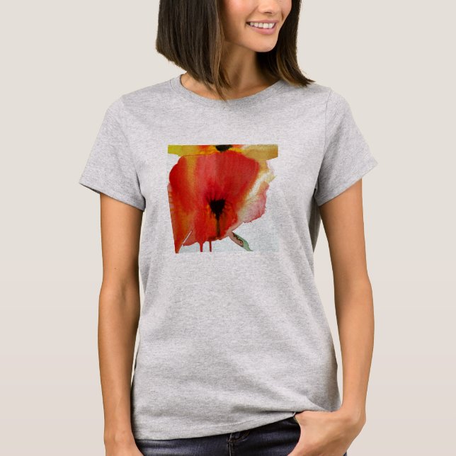 Red Poppies vattenfärgsmodern blommigt art Tee Shirt (Framsida)