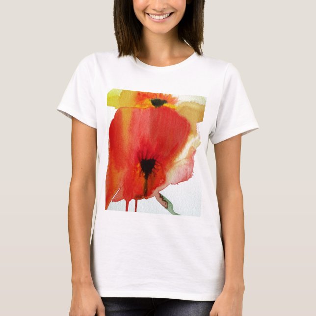 Red Poppies vattenfärgsmodern blommigt art Tee Shirt (Framsida)